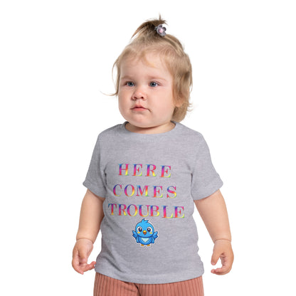 Baby T-Shirt “Here Comes Trouble” Cute Blue Bird