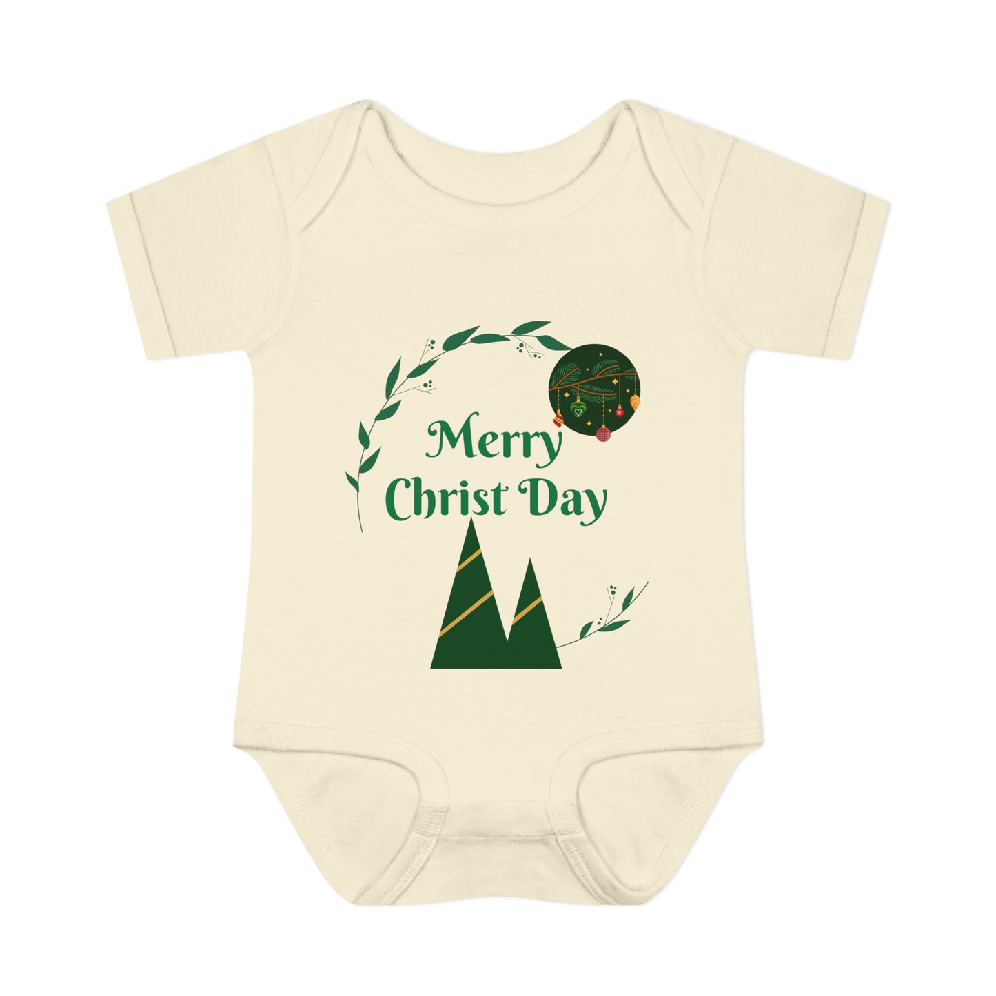 Infant Bodysuit - "Merry Christ Day" Holiday Baby Onesie with Green Wreath & Mountain Design