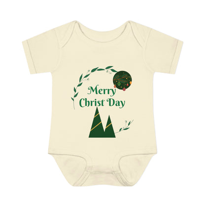 Infant Bodysuit - "Merry Christ Day" Holiday Baby Onesie with Green Wreath & Mountain Design