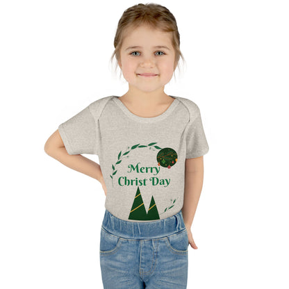 Infant Bodysuit - "Merry Christ Day" Holiday Baby Onesie with Green Wreath & Mountain Design