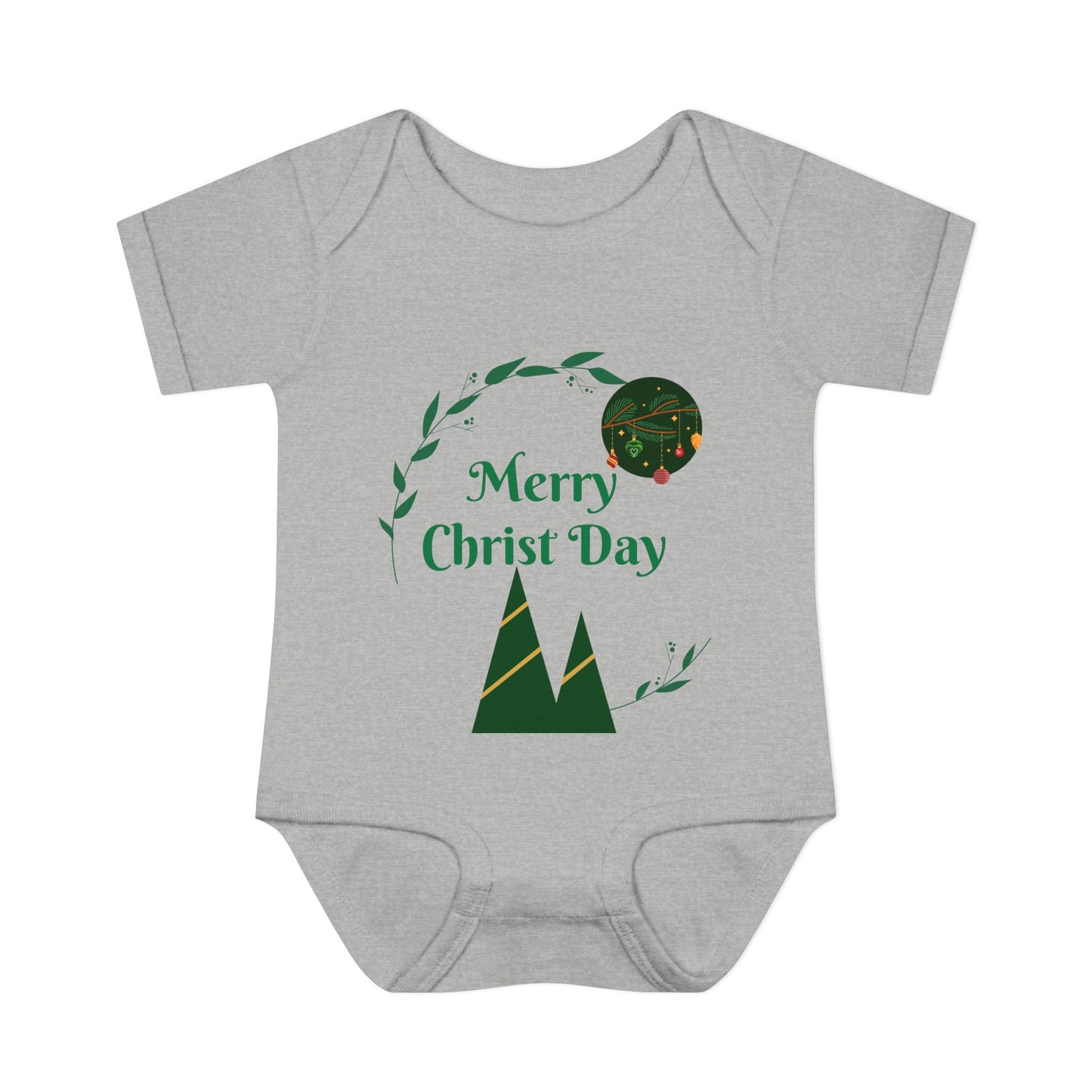 Infant Bodysuit - "Merry Christ Day" Holiday Baby Onesie with Green Wreath & Mountain Design