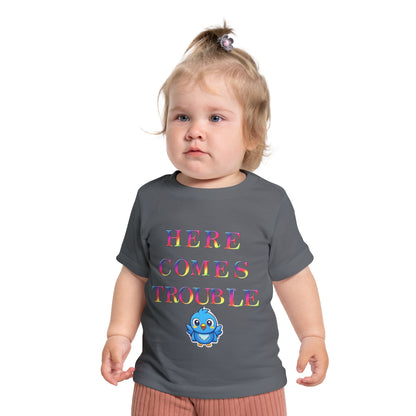 Baby T-Shirt “Here Comes Trouble” Cute Blue Bird