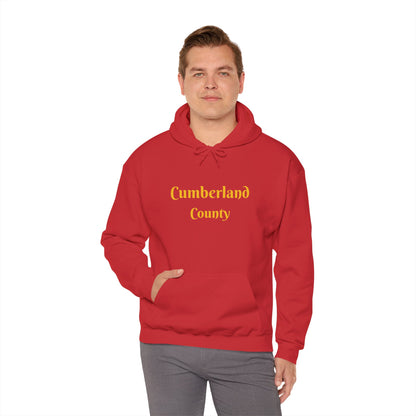Cumberland County Hoodie — Minimal Gold Text Hooded Sweatshirt