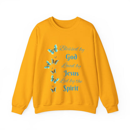 Faith Inspirational Sweatshirt — "Blessed by God, Loved by Jesus, Led by the Spirit" with Butterfly Design