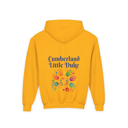 Youth Hoodie — "Cumberland Little Duke" Kids Pullover with Colorful Handprint Design