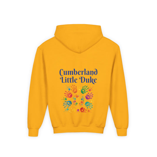 Youth Hoodie — "Cumberland Little Duke" Kids Pullover with Colorful Handprint Design