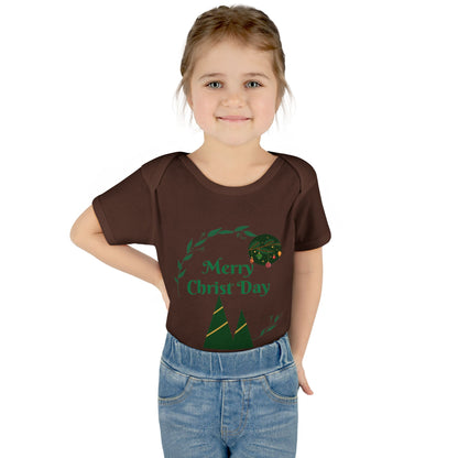 Infant Bodysuit - "Merry Christ Day" Holiday Baby Onesie with Green Wreath & Mountain Design