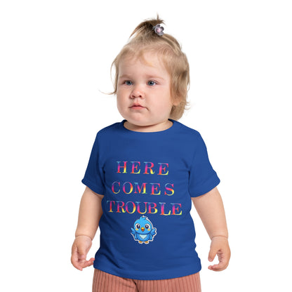 Baby T-Shirt “Here Comes Trouble” Cute Blue Bird