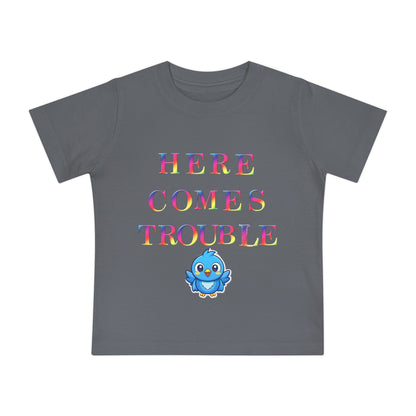 Baby T-Shirt “Here Comes Trouble” Cute Blue Bird