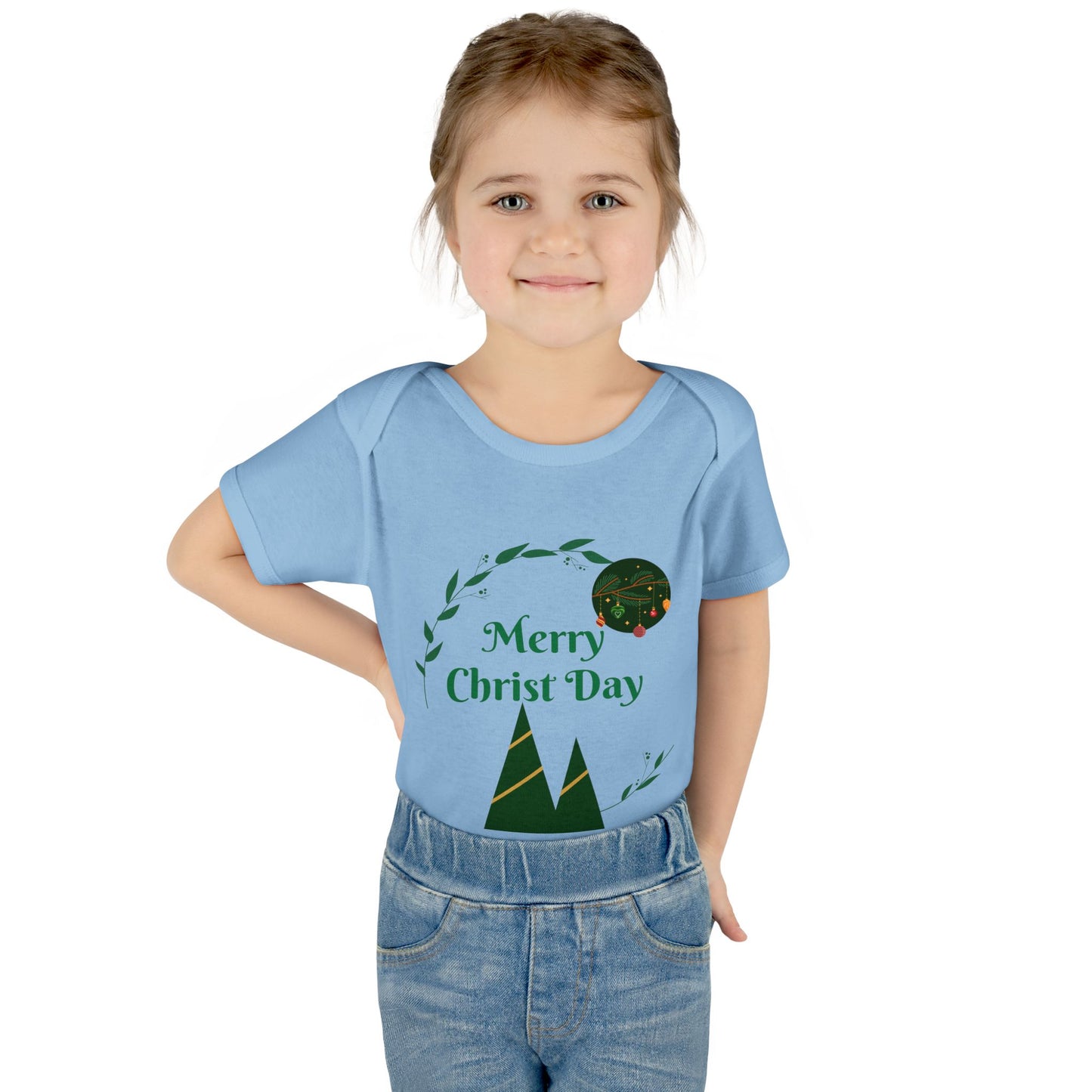 Infant Bodysuit - "Merry Christ Day" Holiday Baby Onesie with Green Wreath & Mountain Design