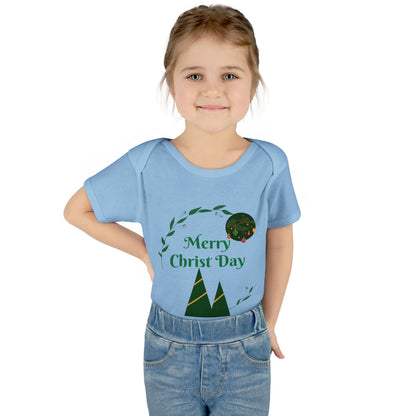 Infant Bodysuit - "Merry Christ Day" Holiday Baby Onesie with Green Wreath & Mountain Design