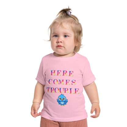 Baby T-Shirt “Here Comes Trouble” Cute Blue Bird