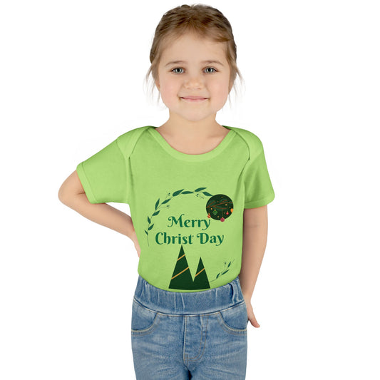 Infant Bodysuit - "Merry Christ Day" Holiday Baby Onesie with Green Wreath & Mountain Design