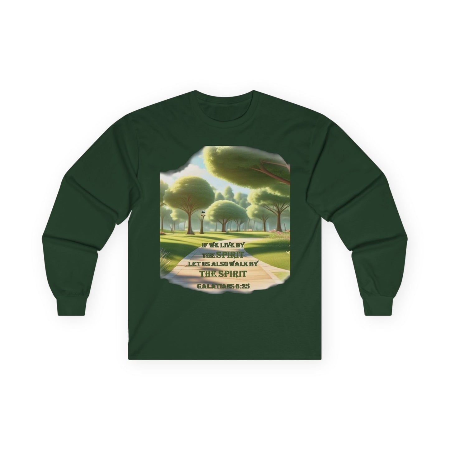 Long Sleeve Tee — "If We Live By the Spirit" Nature Graphic