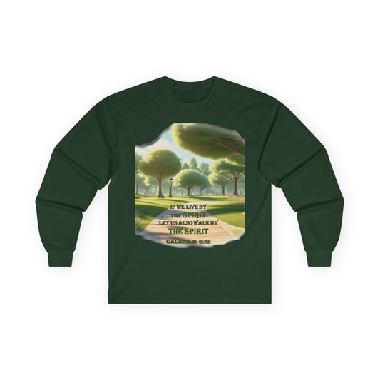 Long Sleeve Tee — "If We Live By the Spirit" Nature Graphic