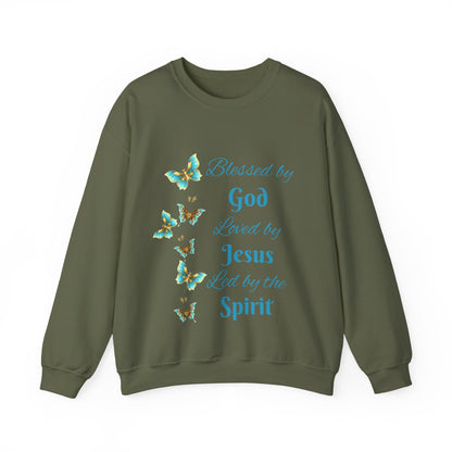 Faith Inspirational Sweatshirt — "Blessed by God, Loved by Jesus, Led by the Spirit" with Butterfly Design