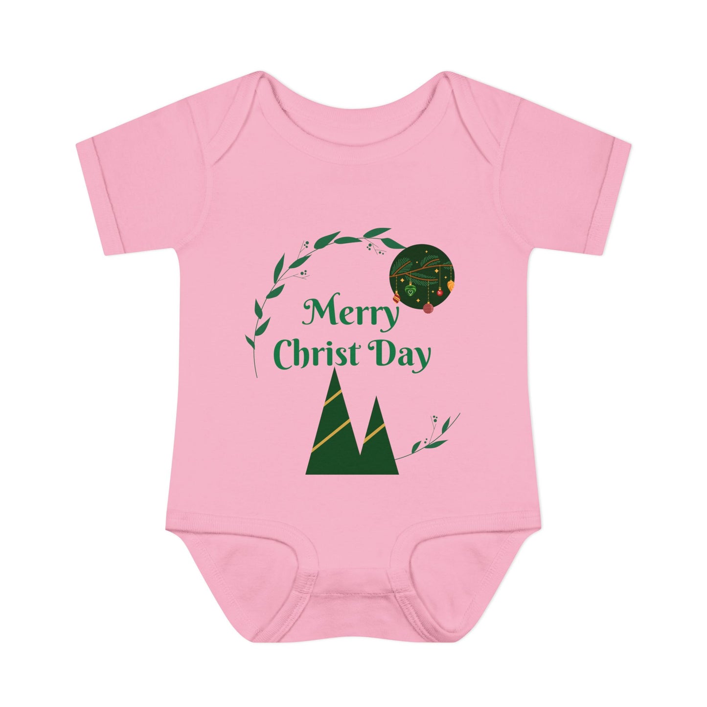 Infant Bodysuit - "Merry Christ Day" Holiday Baby Onesie with Green Wreath & Mountain Design