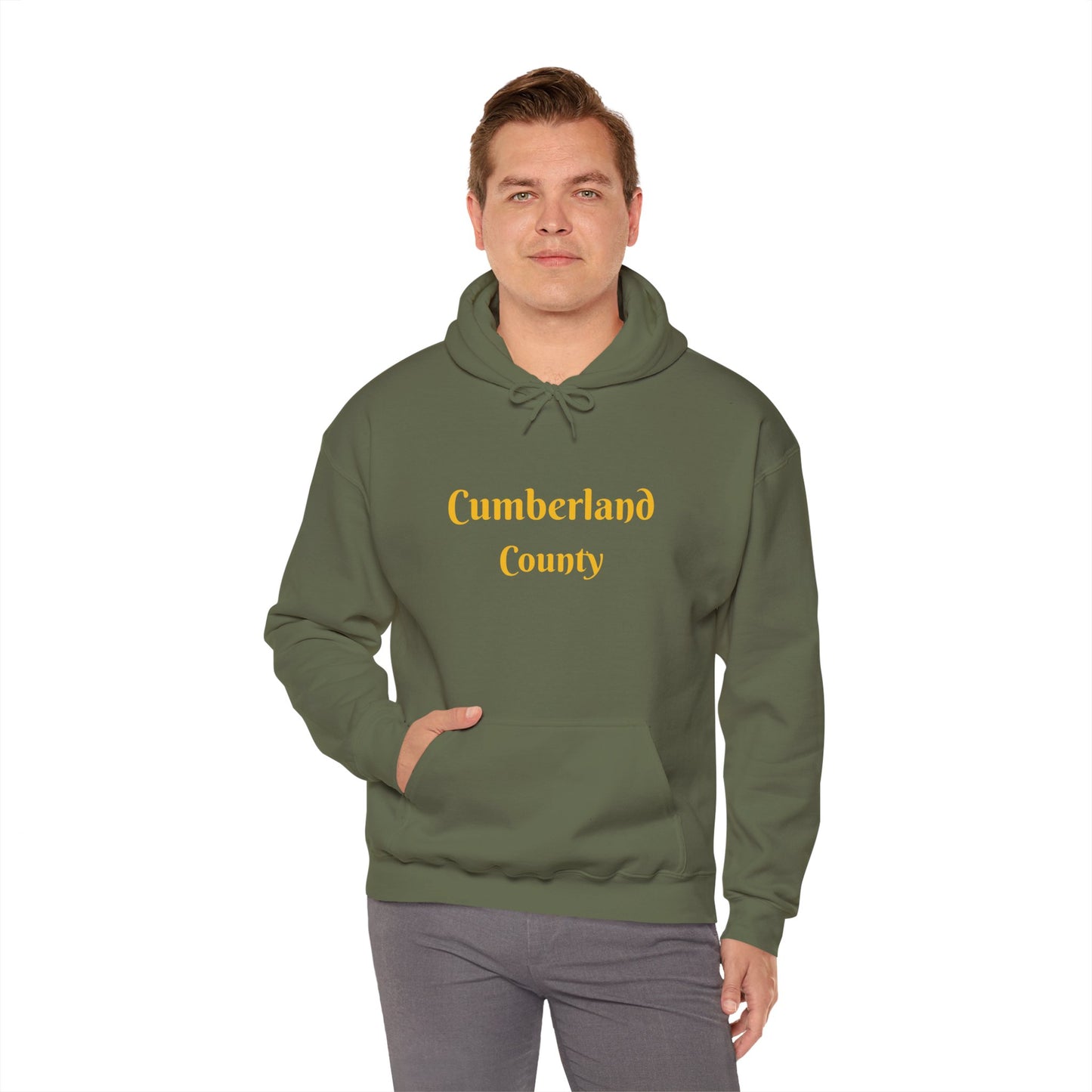 Cumberland County Hoodie — Minimal Gold Text Hooded Sweatshirt