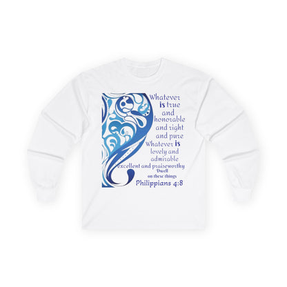 Philippians 4:8 Long Sleeve Tee — Blue Inspirational Christian Shirt
