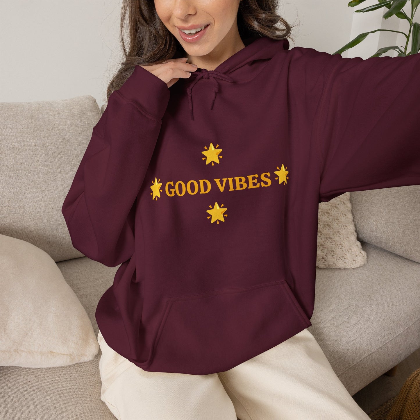 Good Vibes Hoodie — Minimal Yellow Stars Graphic Hooded Sweatshirt
