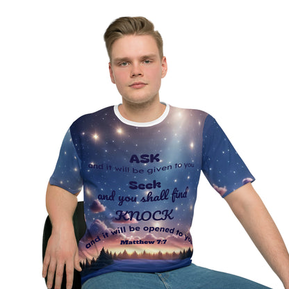 Inspirational Scripture Tee — Matthew 7:7 Night Sky Graphic T-Shirt