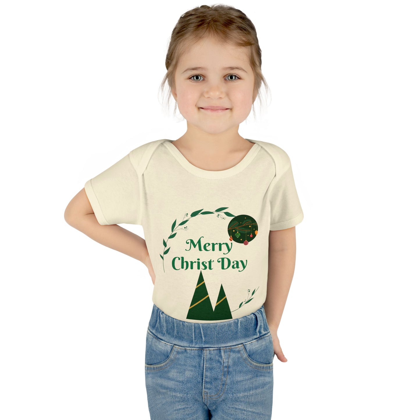 Infant Bodysuit - "Merry Christ Day" Holiday Baby Onesie with Green Wreath & Mountain Design