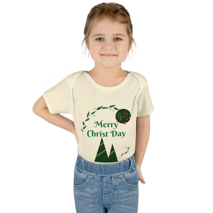 Infant Bodysuit - "Merry Christ Day" Holiday Baby Onesie with Green Wreath & Mountain Design