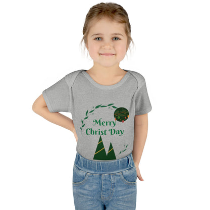 Infant Bodysuit - "Merry Christ Day" Holiday Baby Onesie with Green Wreath & Mountain Design
