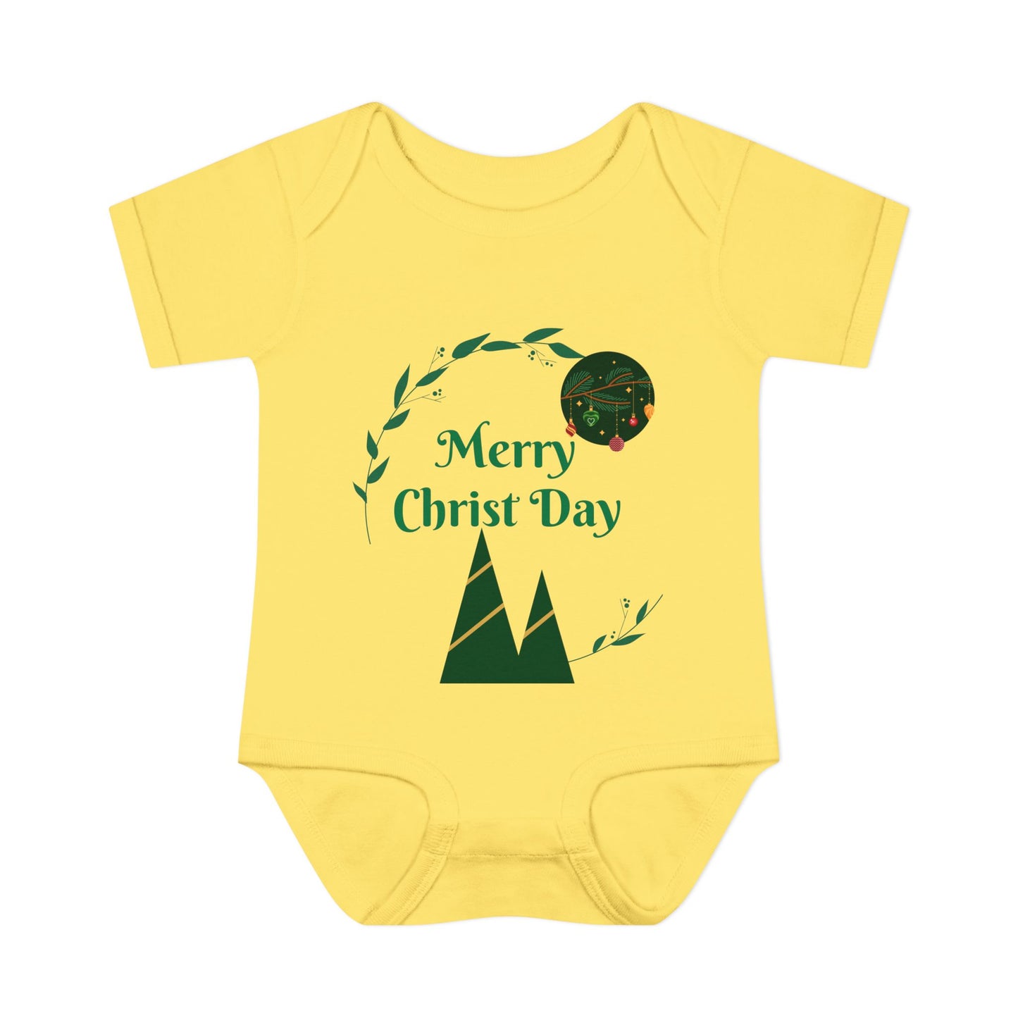 Infant Bodysuit - "Merry Christ Day" Holiday Baby Onesie with Green Wreath & Mountain Design