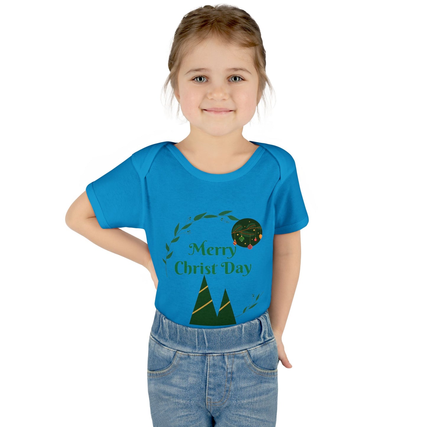 Infant Bodysuit - "Merry Christ Day" Holiday Baby Onesie with Green Wreath & Mountain Design