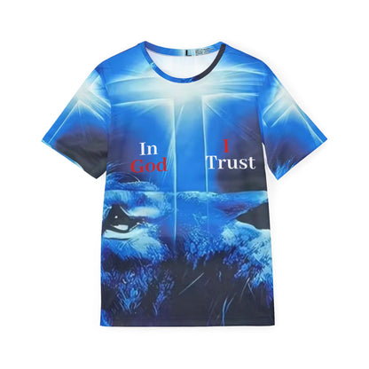 Faith Lion Sports Jersey — "In God I Trust" Blue All-Over Print Tee