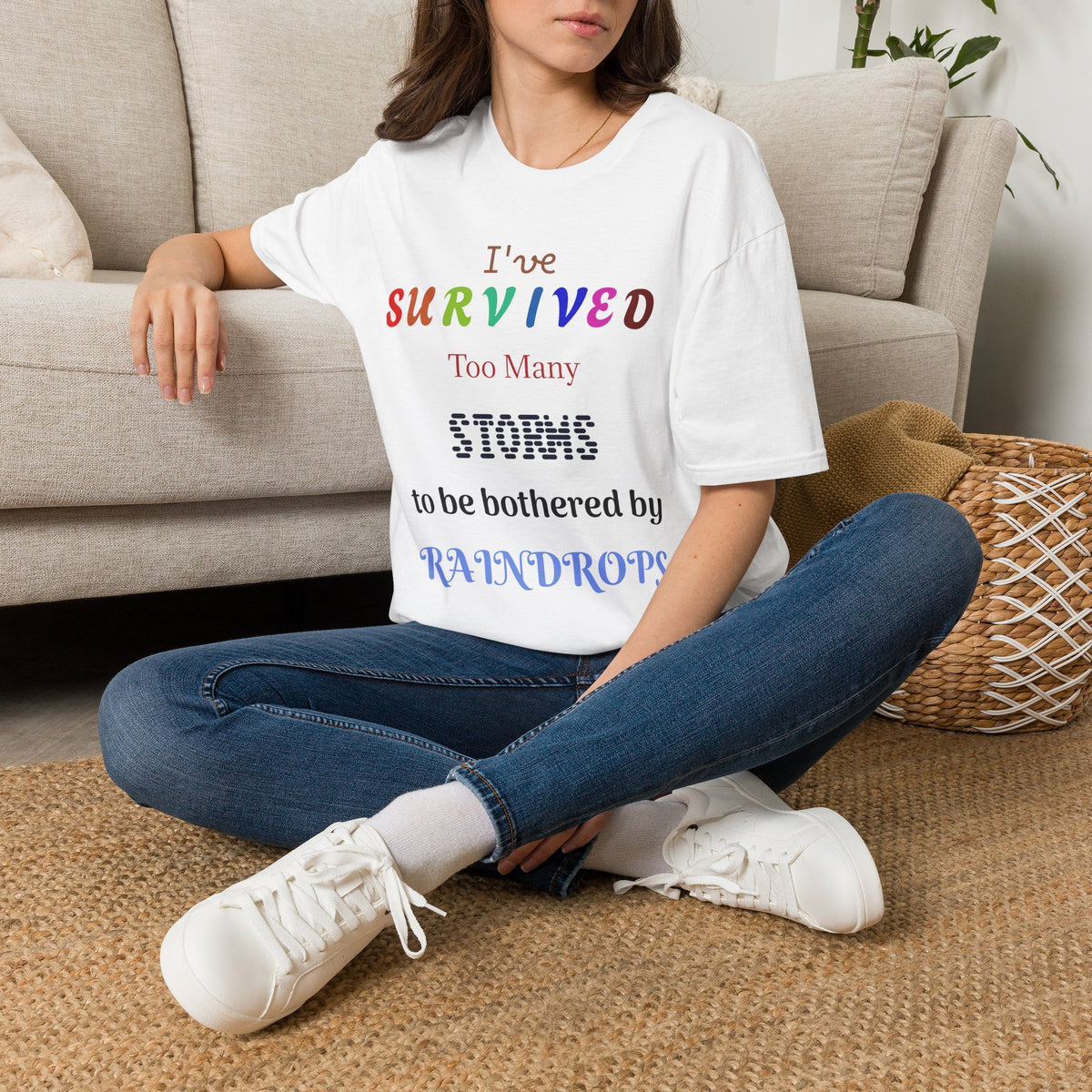 Survived Too Many Storms T-Shirt — Inspirational Rainbow Resilience Tee
