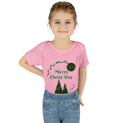 Infant Bodysuit - "Merry Christ Day" Holiday Baby Onesie with Green Wreath & Mountain Design