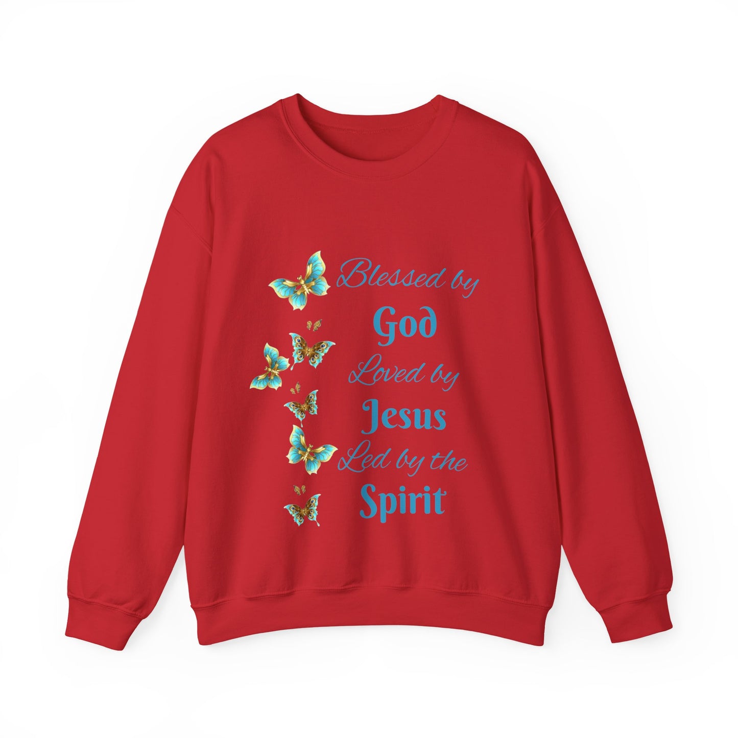 Faith Inspirational Sweatshirt — "Blessed by God, Loved by Jesus, Led by the Spirit" with Butterfly Design
