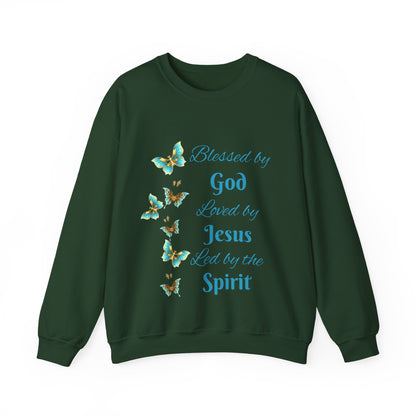 Faith Inspirational Sweatshirt — "Blessed by God, Loved by Jesus, Led by the Spirit" with Butterfly Design