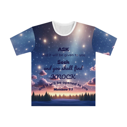Inspirational Scripture Tee — Matthew 7:7 Night Sky Graphic T-Shirt
