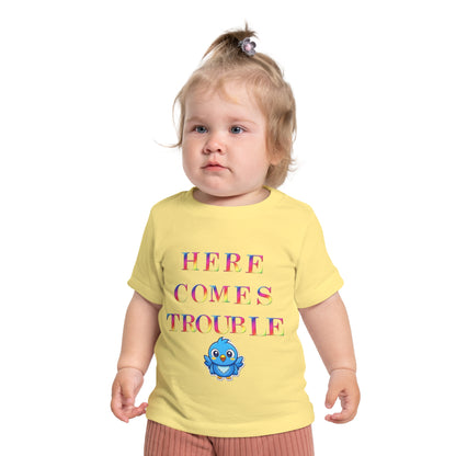Baby T-Shirt “Here Comes Trouble” Cute Blue Bird