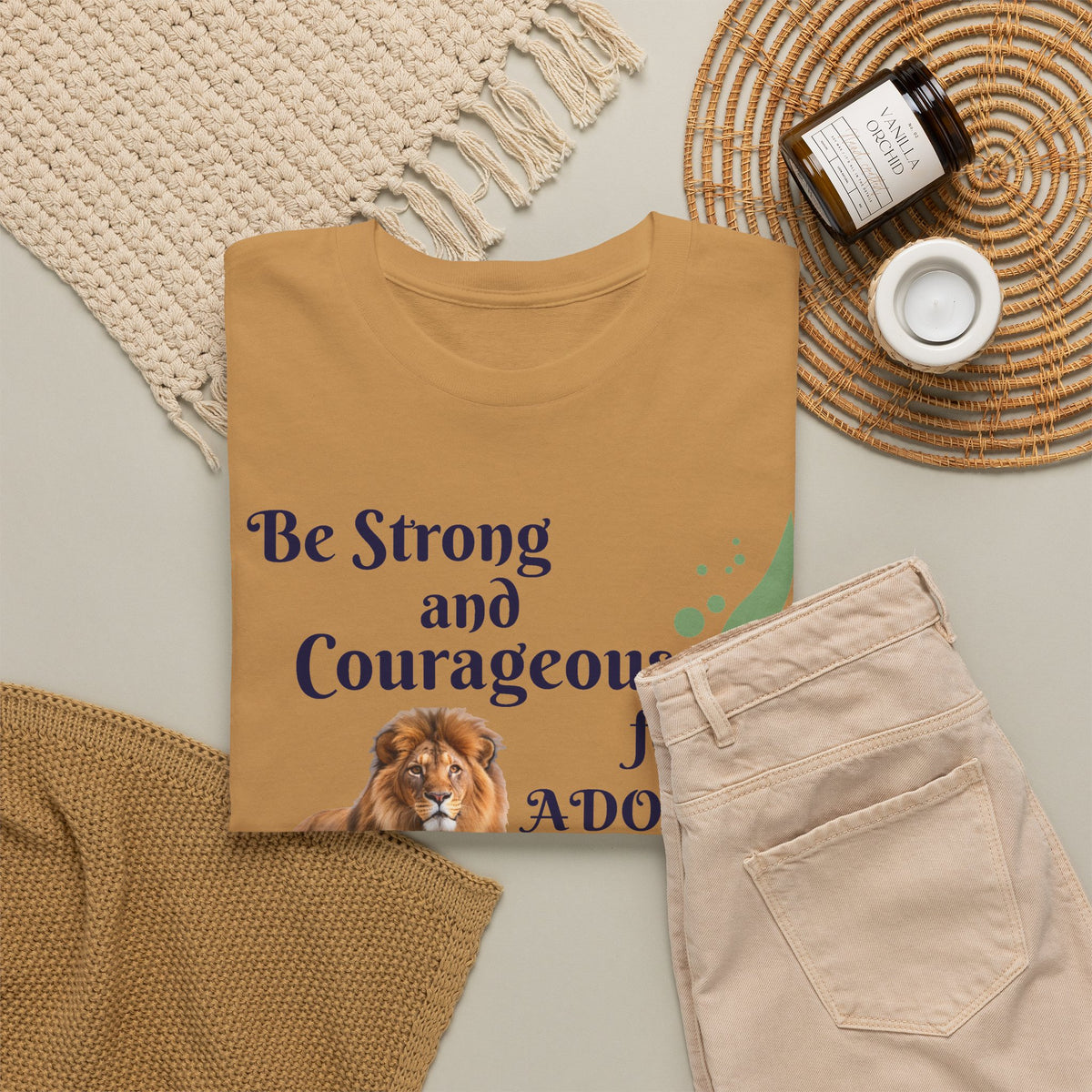 Lion Scripture Tee — "Be Strong and Courageous for Adonai" Joshua 1:9