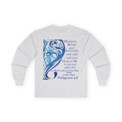 Philippians 4:8 Long Sleeve Tee — Blue Inspirational Christian Shirt