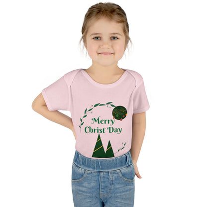 Infant Bodysuit - "Merry Christ Day" Holiday Baby Onesie with Green Wreath & Mountain Design