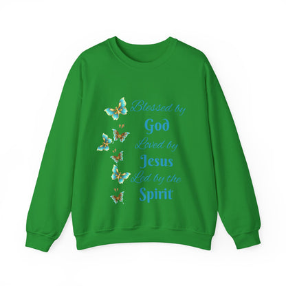 Faith Inspirational Sweatshirt — "Blessed by God, Loved by Jesus, Led by the Spirit" with Butterfly Design