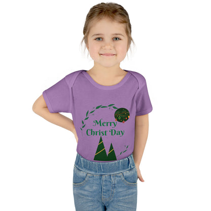 Infant Bodysuit - "Merry Christ Day" Holiday Baby Onesie with Green Wreath & Mountain Design