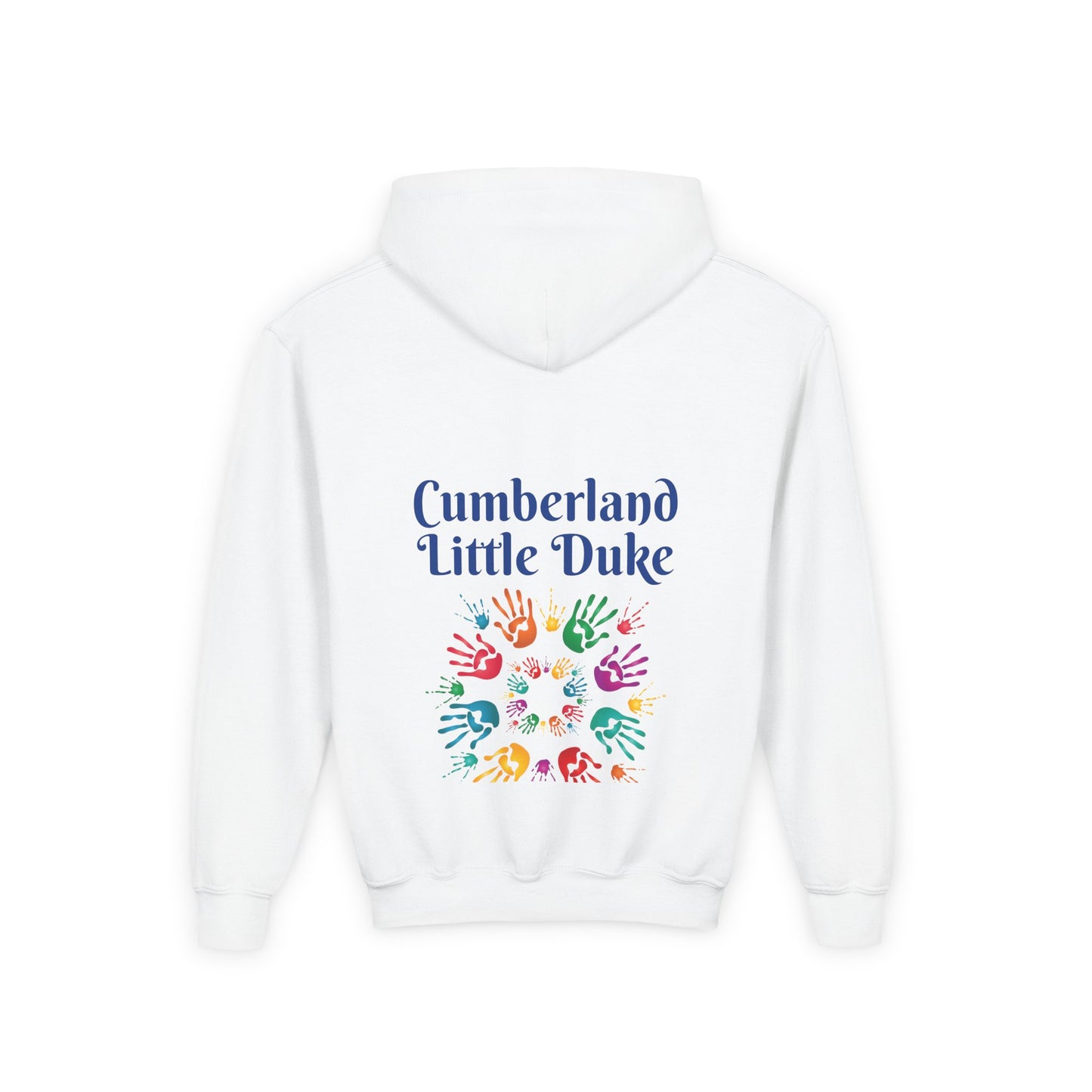 Youth Hoodie — "Cumberland Little Duke" Kids Pullover with Colorful Handprint Design