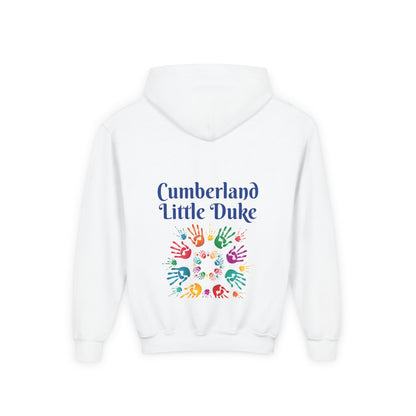 Youth Hoodie — "Cumberland Little Duke" Kids Pullover with Colorful Handprint Design