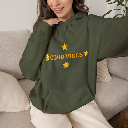 Good Vibes Hoodie — Minimal Yellow Stars Graphic Hooded Sweatshirt