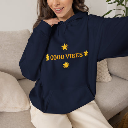 Good Vibes Hoodie — Minimal Yellow Stars Graphic Hooded Sweatshirt