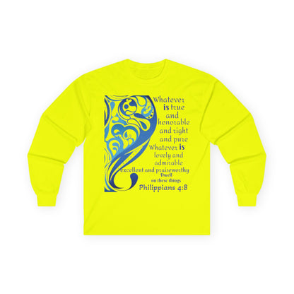 Philippians 4:8 Long Sleeve Tee — Blue Inspirational Christian Shirt