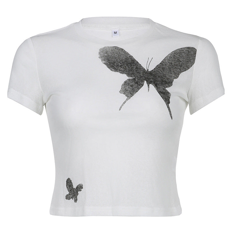 Vintage butterfly print slim round neck short sleeve T-shirt top female 2022 autumn Europe and the United States street foreign trade INS new