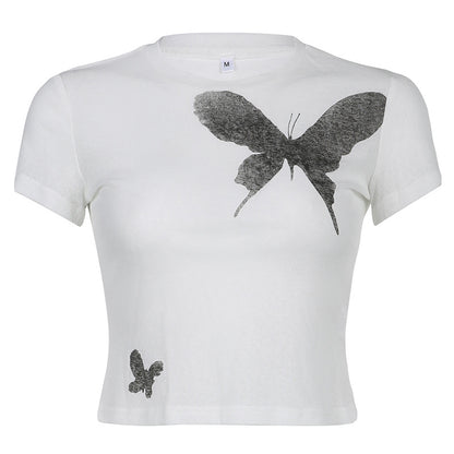 Vintage butterfly print slim round neck short sleeve T-shirt top female 2022 autumn Europe and the United States street foreign trade INS new