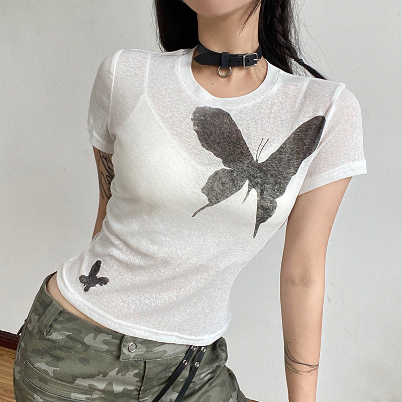 Vintage butterfly print slim round neck short sleeve T-shirt top female 2022 autumn Europe and the United States street foreign trade INS new